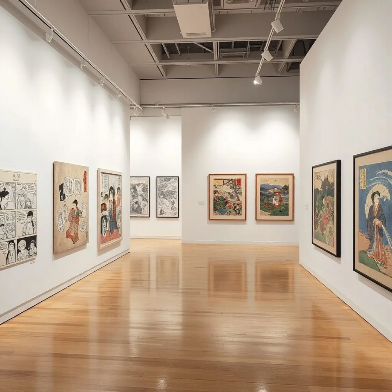 Banner colorido da exposição Art of Manga na fachada do Brooklyn Museum, com ilustrações de personagens de mangá