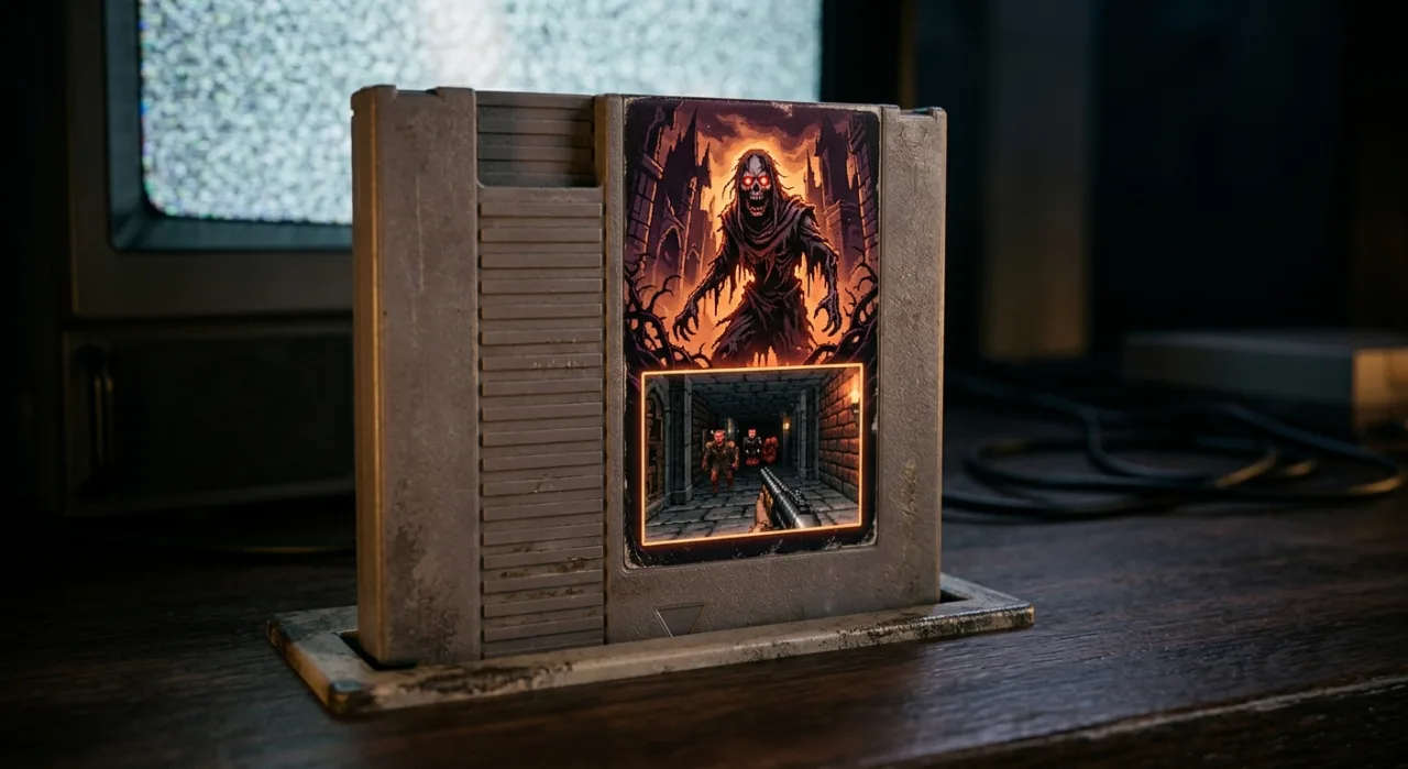 Capa do Veins of Iron mostra corredor sombrio em pixel art, com monstro à frente e logo da Kickstarter ao lado