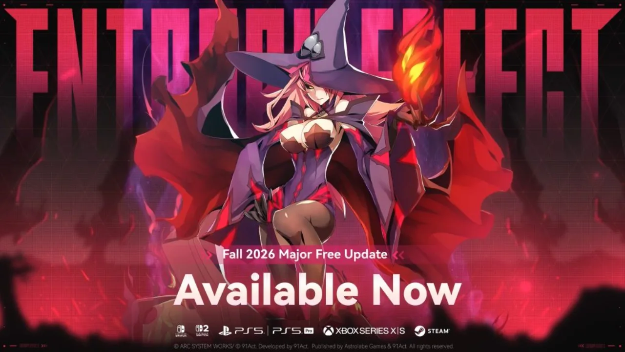 Nine the Phantom flutuando ao lado do imponente Lost Gearhulk, com o logo de BlazBlue Entropy Effect X ao fundo