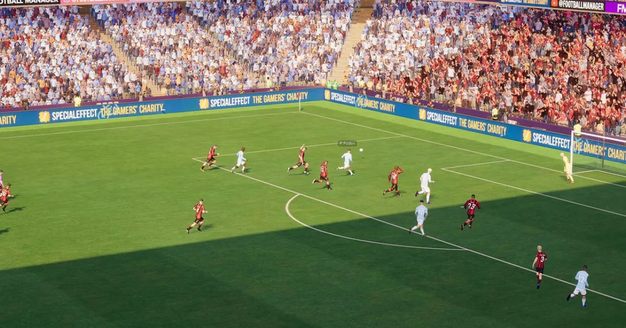 Tela de PC exibindo a interface tática do Football Manager 27 com o logotipo oficial