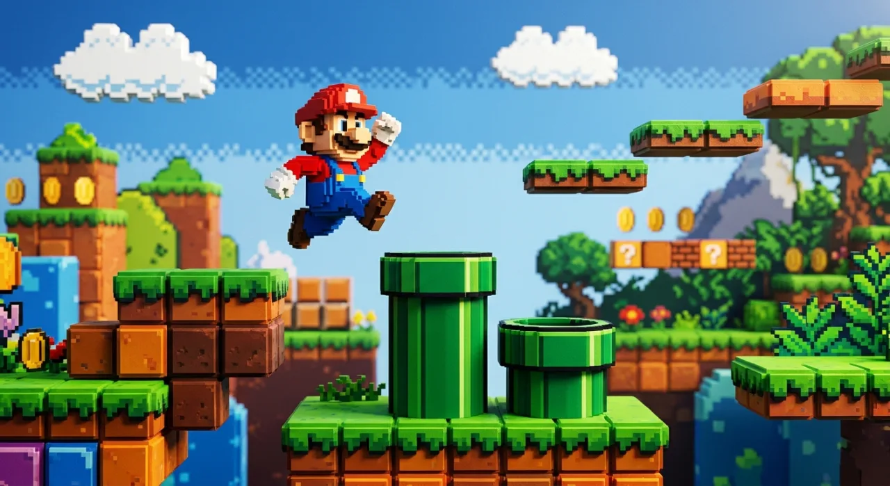 Shigeru Miyamoto ao lado de Mario pixelado e do logotipo da Nintendo, em entrevista sobre a maior invenção de Super Mario