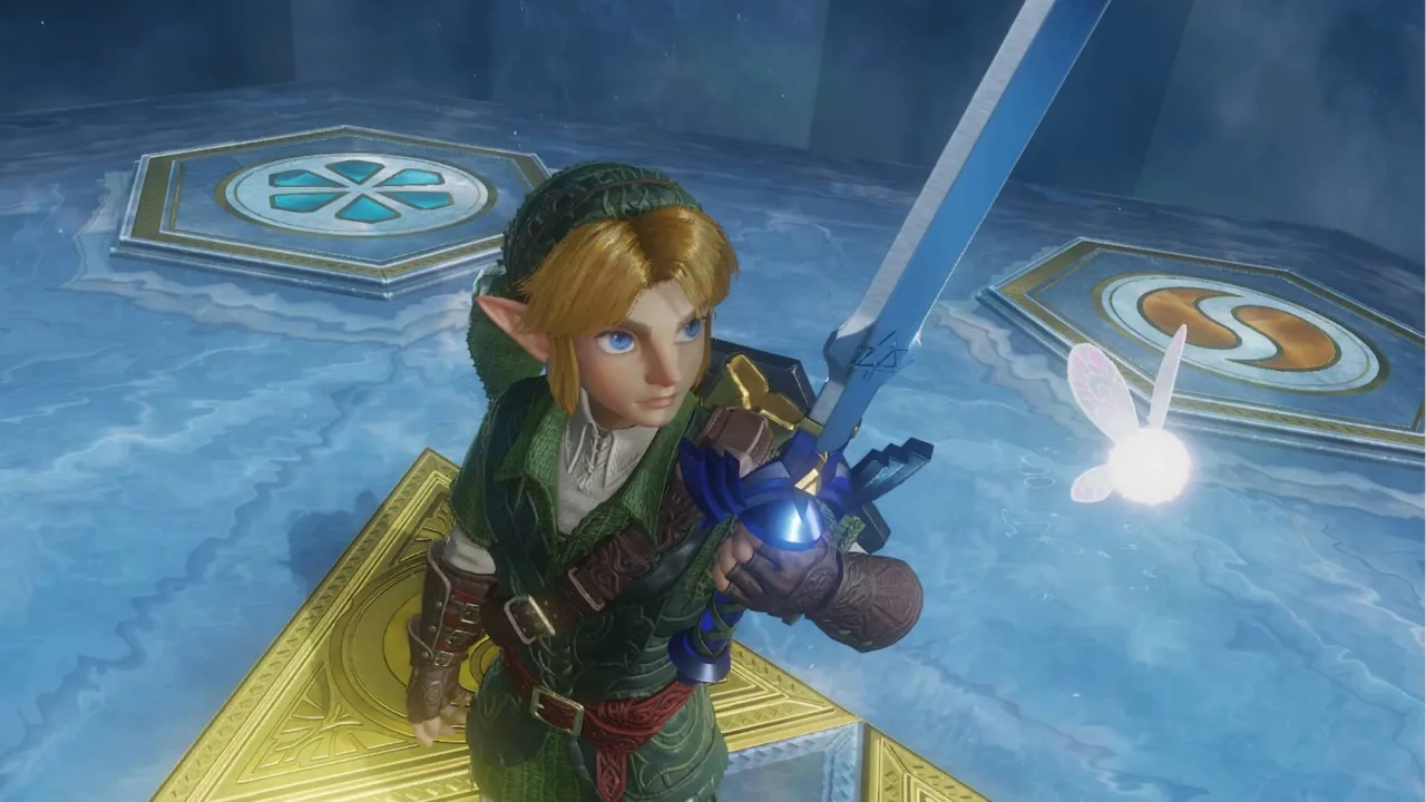 Link segurando a Ocarina ao lado do Switch, com logo de Ocarina of Time e relógio marcando meia‑noite