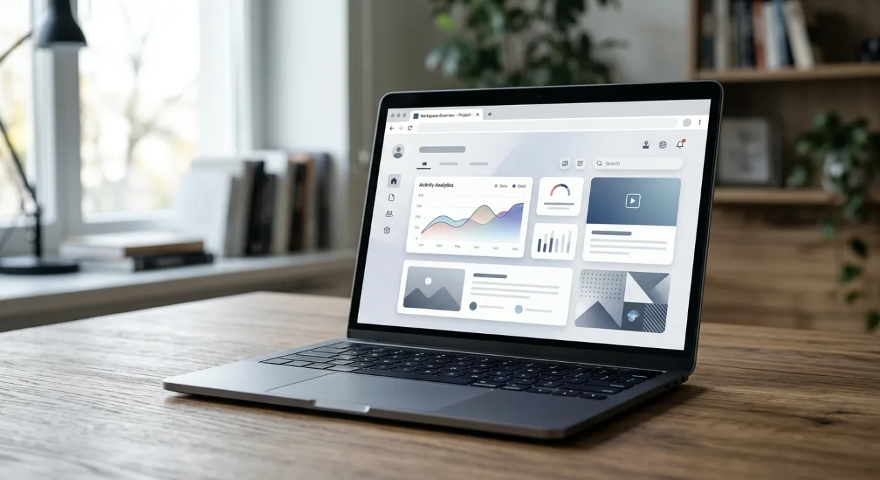 Tela de laptop exibindo a interface minimalista do Zen Browser com seu logotipo azul ao centro