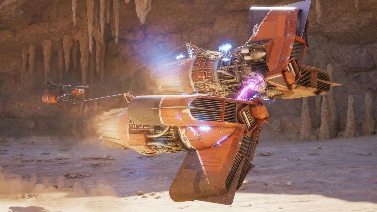 Nave de corrida futurista atravessa nebulosa estrelada, com o logo de Star Wars: Galactic Racer ao fundo