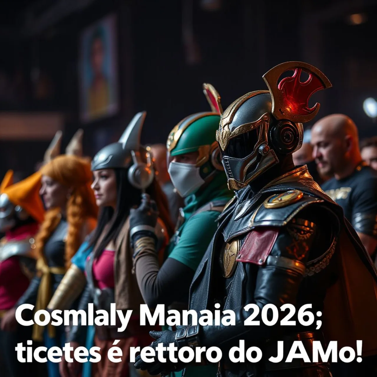 Cartaz da Cosplay Mania 2026 com logo colorido, ilustração de personagens de anime e destaque ao JAM Concert