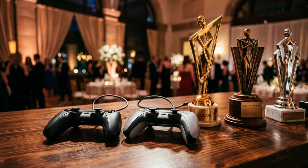 Logotipos de Pokémon Pokopia e Fire Emblem ao lado do troféu Golden Joystick, com a logo da Nintendo ao fundo