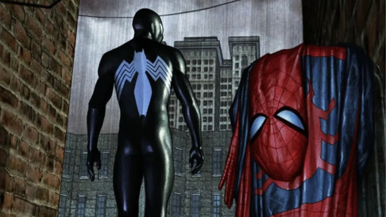 Spider-Man em pose tensa ao lado de Capitão América e Homem de Ferro, com o logo da Civil War ao fundo
