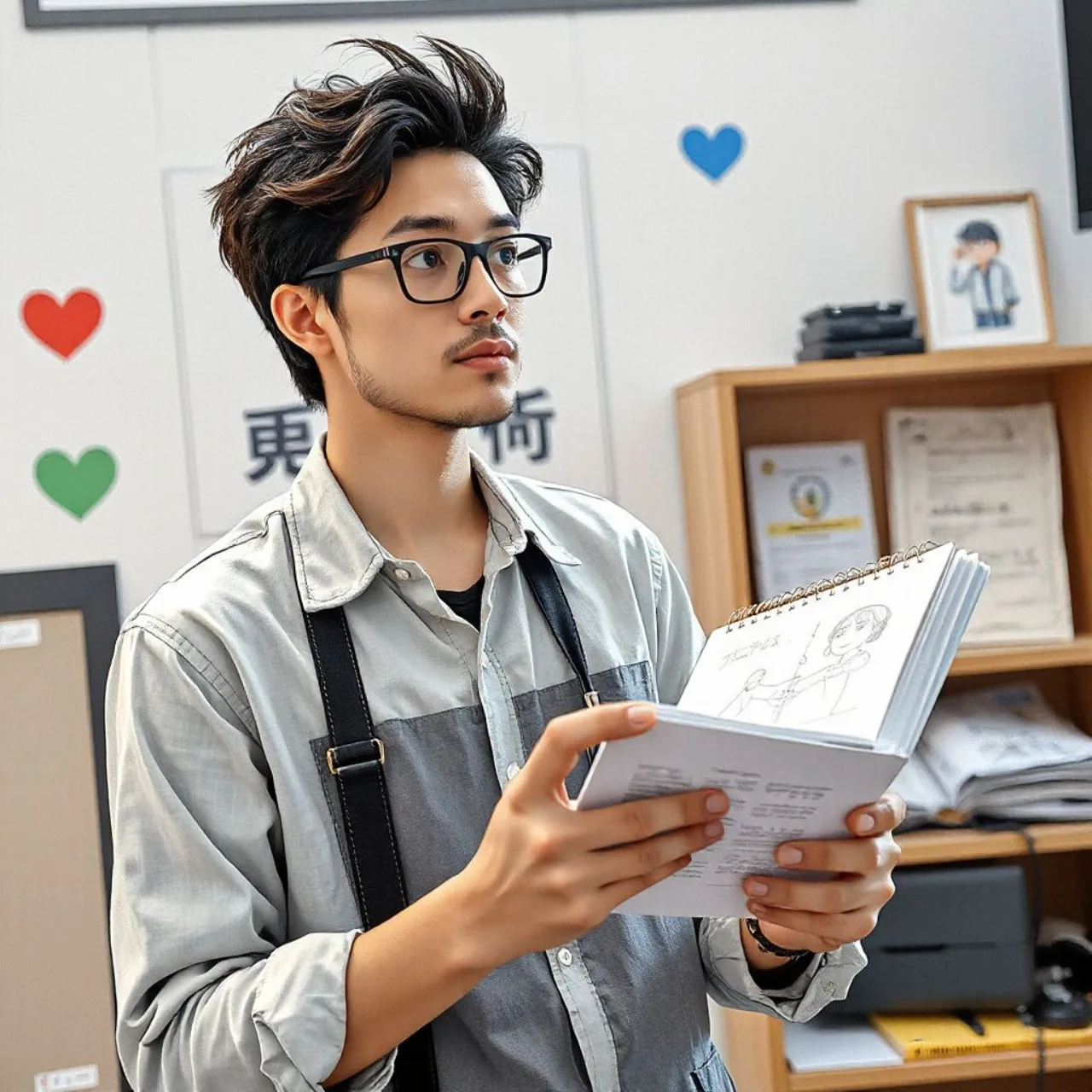 Daichi Banjou em retrato segurando pincel, com o logo de Dan Doh!! ao fundo