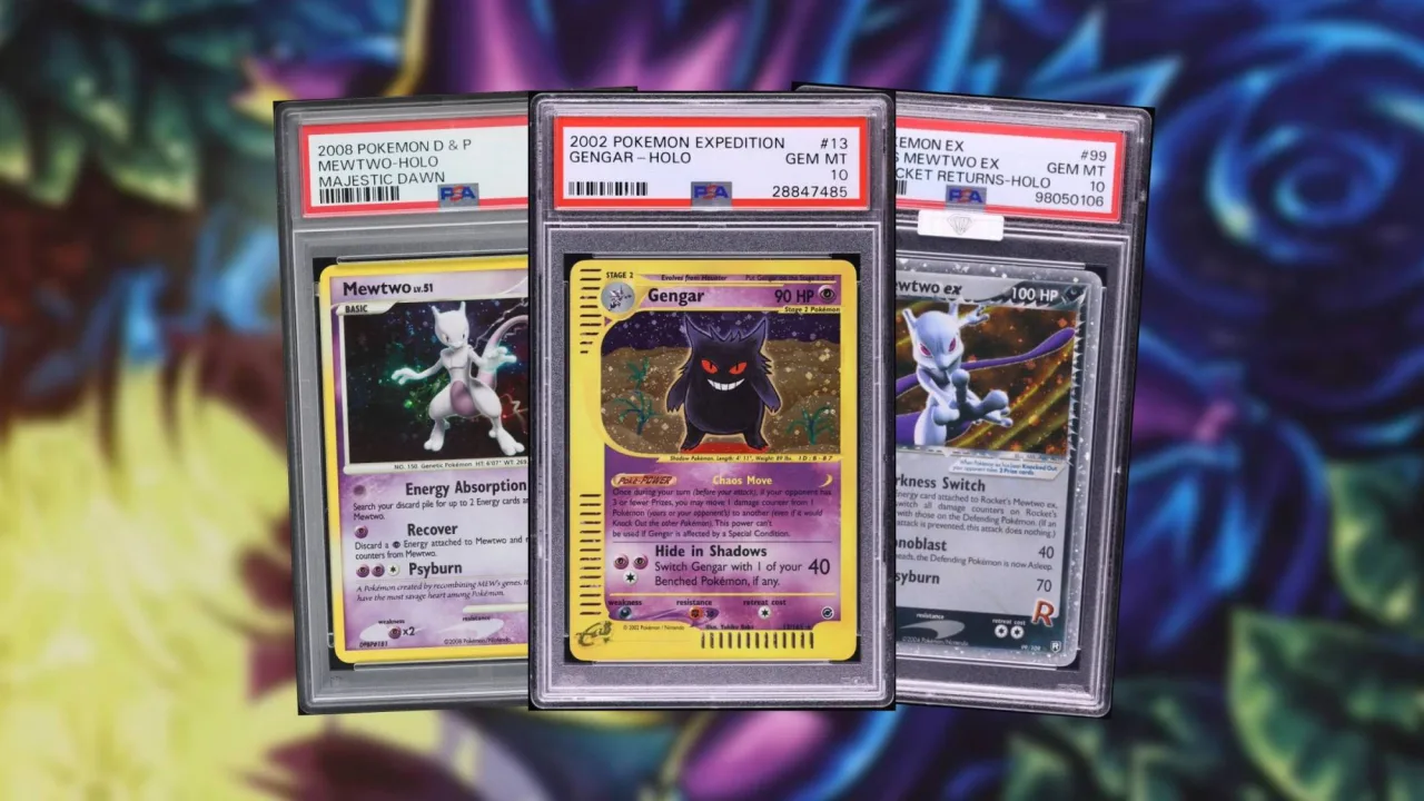 Imagem ilustrativa: Mewtwo e Gengar quebram recordes: quanto valeram as 5 cartas na última leilão?
