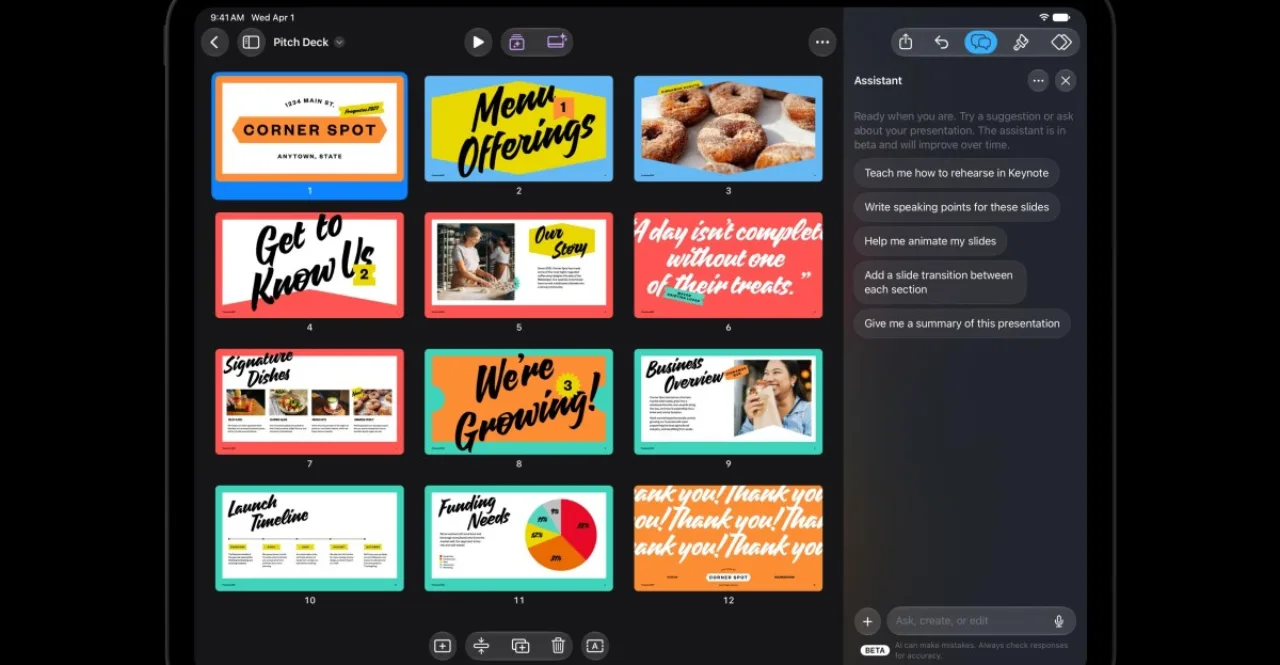 Tela de MacBook exibindo Pages, Keynote e Numbers com barra lateral do novo assistente de IA da Apple