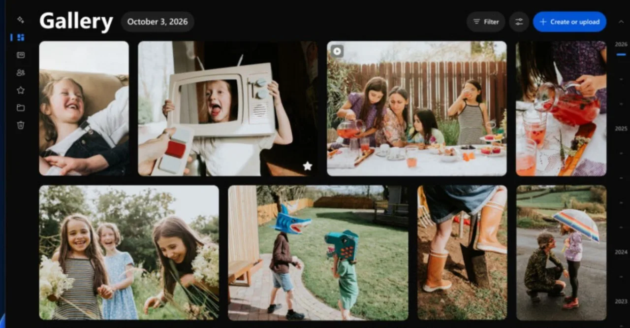 Microsoft Photos no Windows 11 exibindo galeria com ícones do OneDrive e iCloud ao lado do logo da Microsoft