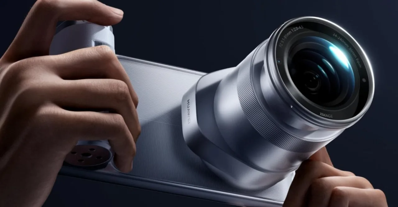 Huawei Mate 90 Pro Max com a nova lente extra de sensor próprio destacada ao lado, mostrando o logo da Huawei