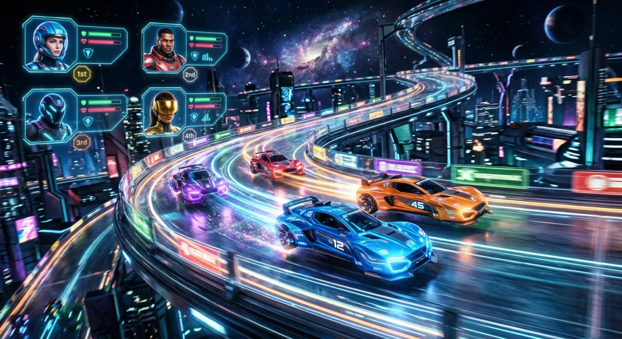 Seis corredores de Star Wars: Galactic Racer competem em pista neon com o logo da franquia ao fundo