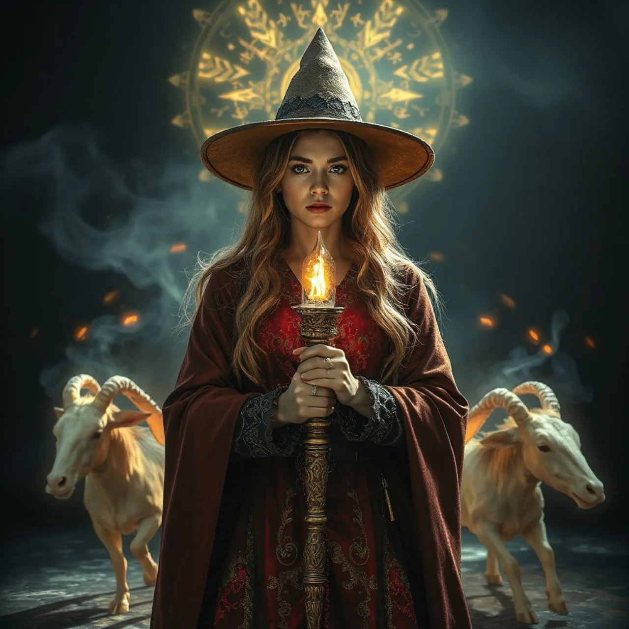 Archwitch Fina em pose, vestida com trajes místicos e cajado brilhante, ao lado do logo de Final Fantasy Resonance