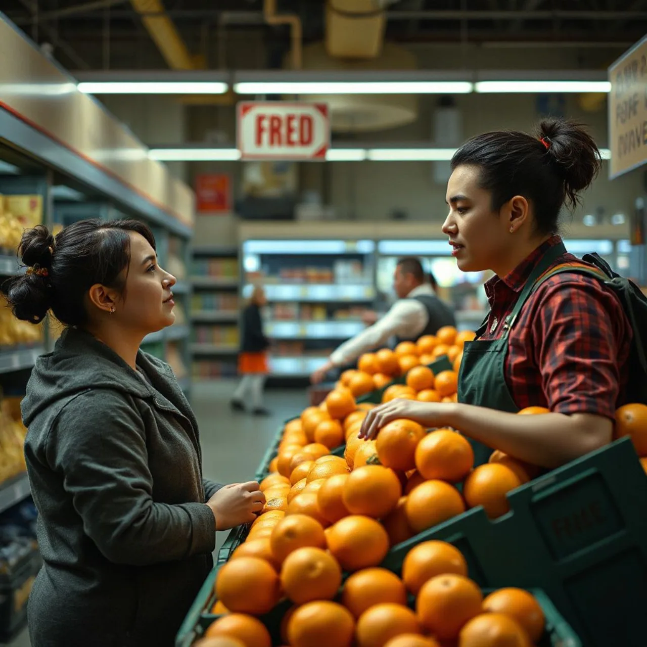 Sasaki, Obobata e Goto entre caixas de tangerinas no corredor de um supermercado, com Sasaki segurando um cigarro