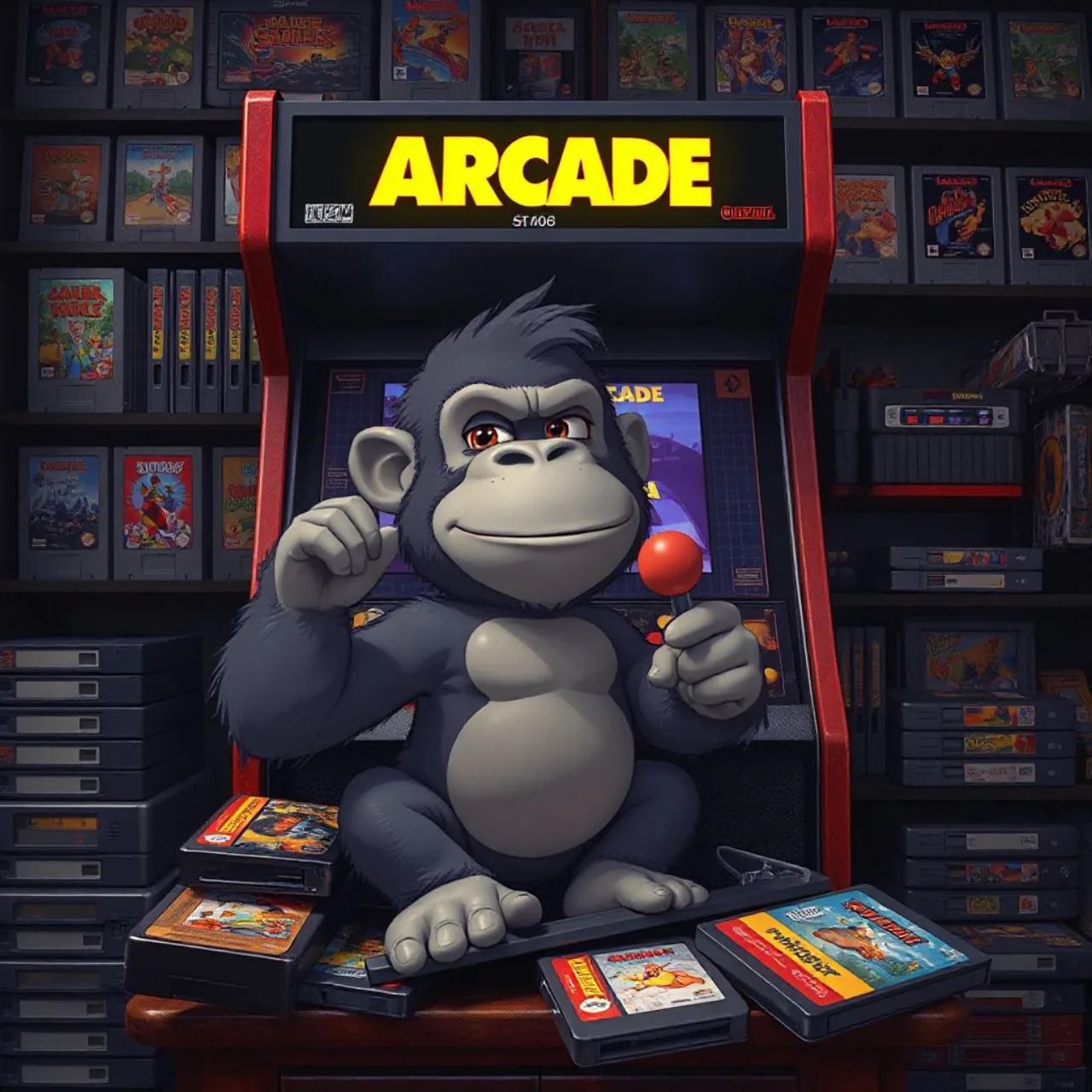 Toki, o macaco de pixel, aparece ao lado de cartuchos da Mega Drive, Neo Geo e Amiga, com seu logo em destaque