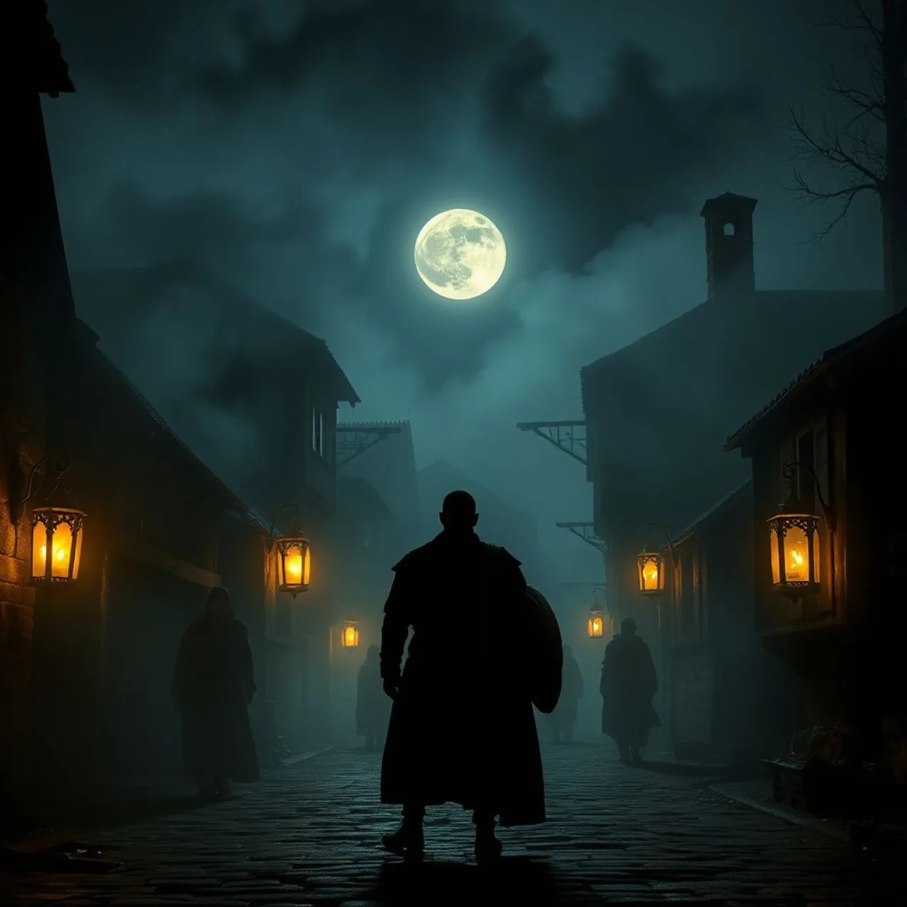 Logo de Hunter's Moon sobre fundo de floresta sombria com lua cheia e silhuetas de personagens ao redor