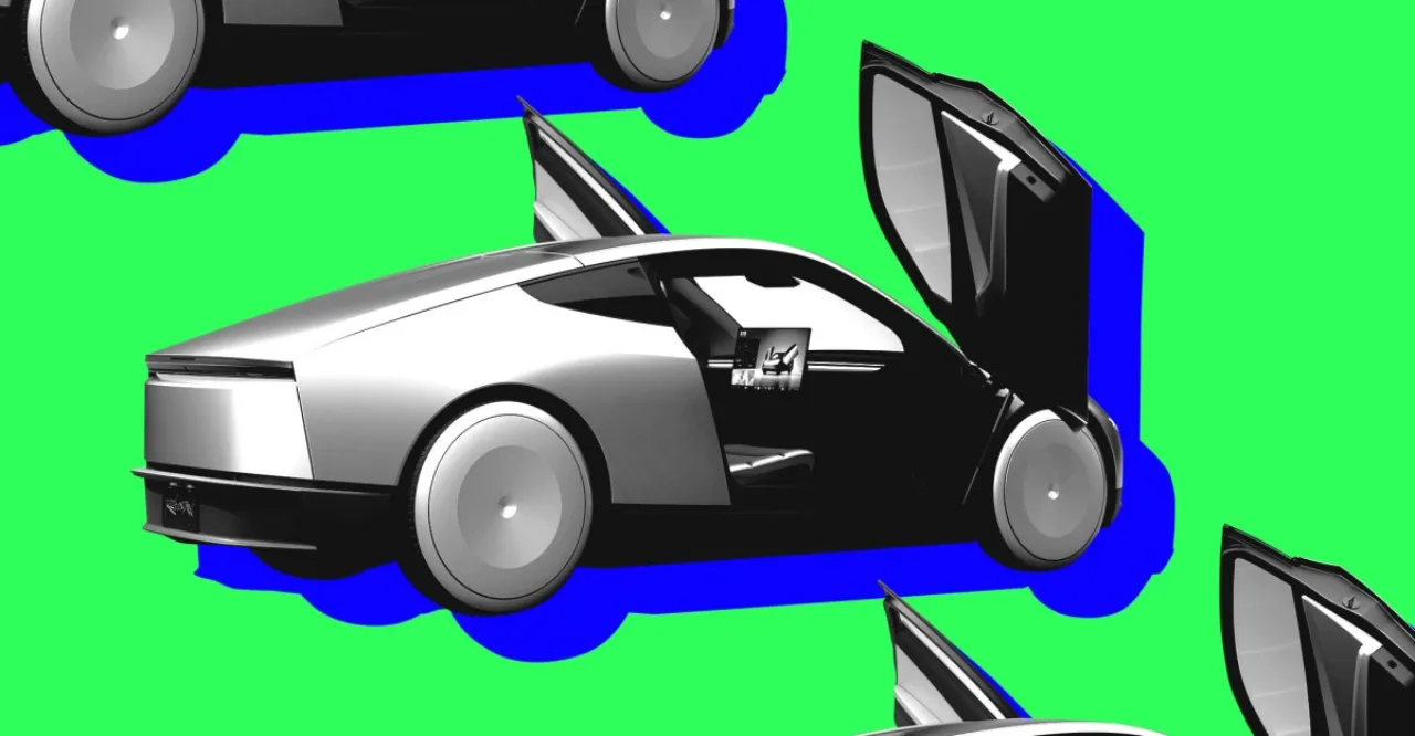 Elon Musk ao lado de um Model Y prata, com o logotipo da Tesla ao fundo e gráfico de produção crescente