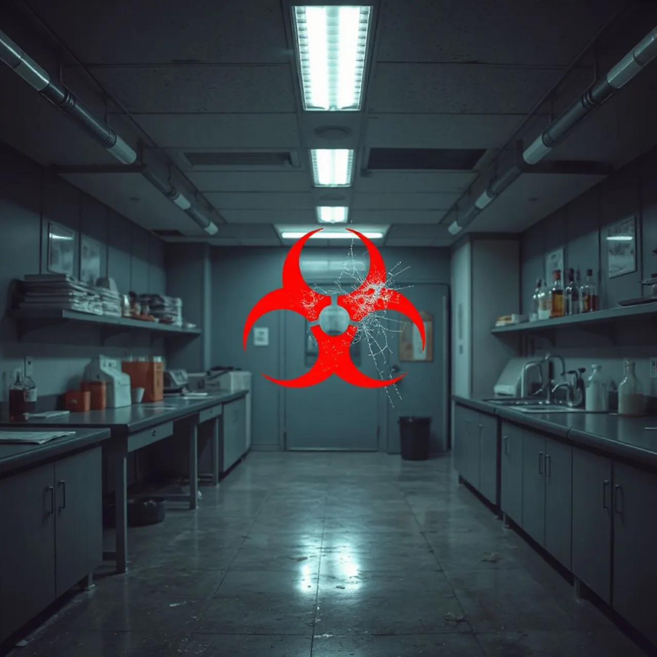 Logo da Resident Evil ao fundo, com Leon S. Kennedy segurando uma arma e sombras de zumbis ao redor