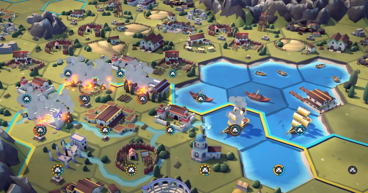 Tela do jogo exibe mapa de cidade medieval com torres, recursos e o logo de Monarchs at Play no canto superior