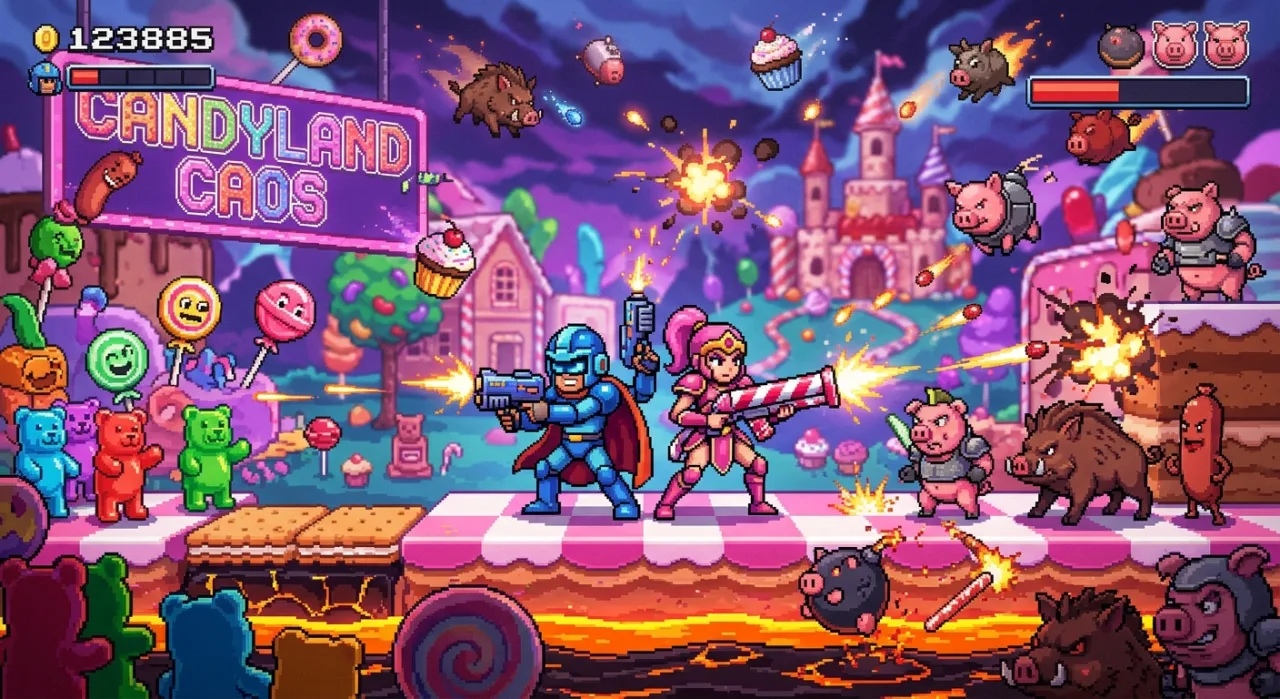 Porco fofo e doces rosa em pastel ao lado do logo colorido de Muchi Muchi Pork! & PinkSweets Boosted