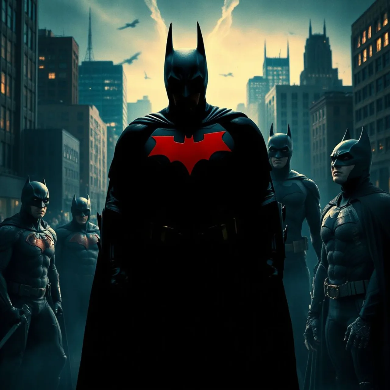 Batman em pose heroica, cercado por silhuetas de Hulk, Carnage, Lady Shiva, membros da Bat‑família e a Liga da Justiça