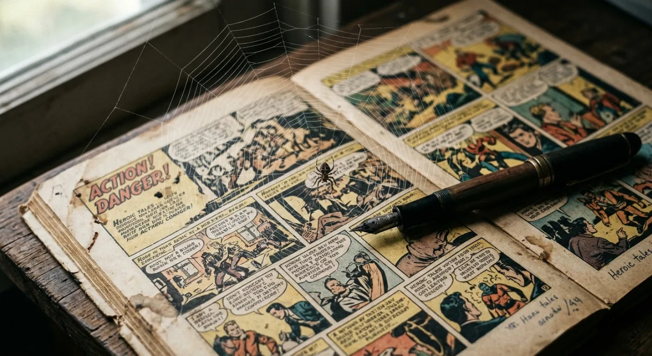 Capa de quadrinhos do Homem-Aranha ao lado de retratos de Stan Lee, Steve Ditko, Gerry Conway, Todd McFarlane e Bendis