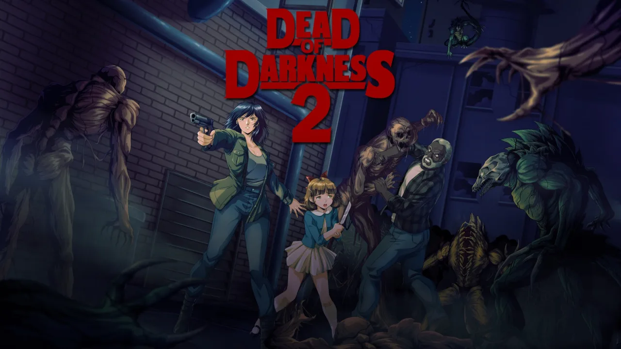 Logo de Dead of Darkness 2 sobre fundo pixelado de Goldren Creek, com ícones de PS5, Xbox, Switch e PC