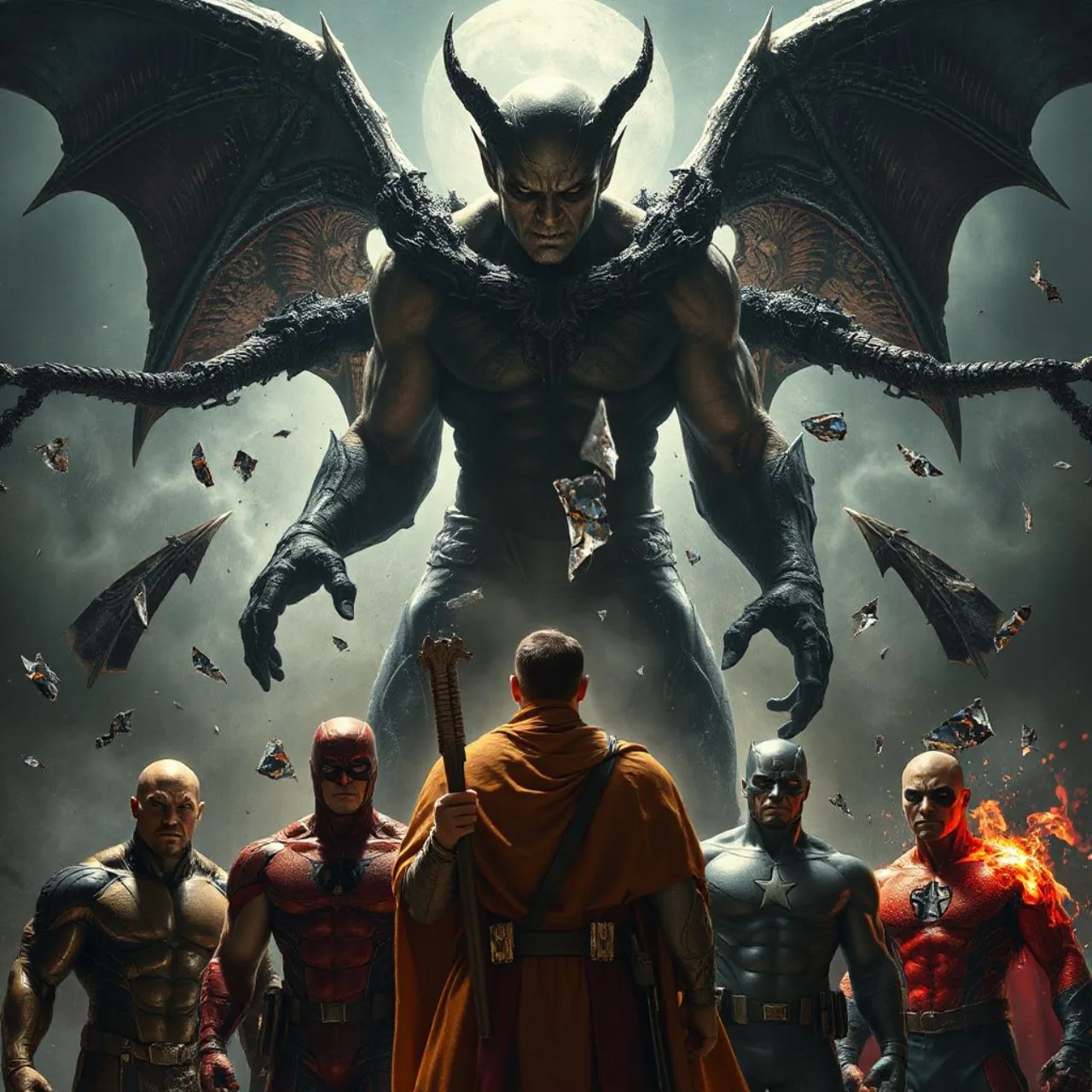 Apocalypse no trono escuro, rodeado por dez heróis Marvel corrompidos em armaduras negras e energia sinistra
