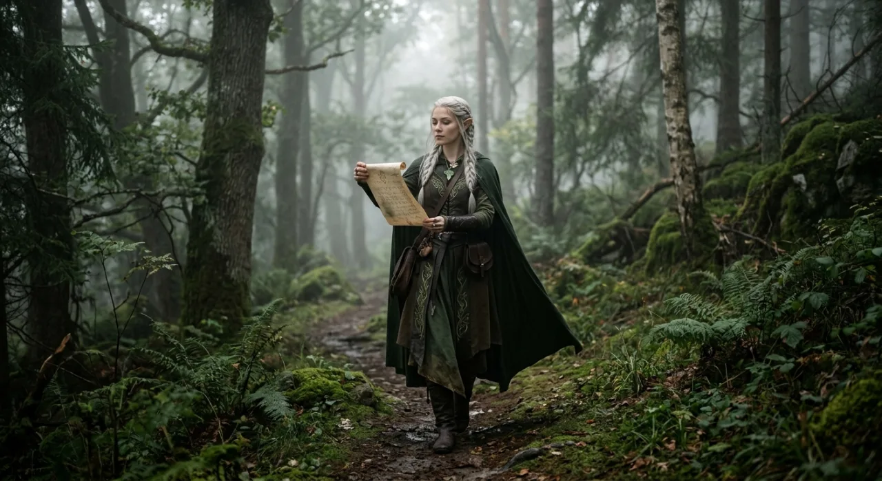 Frieren, a elfa mago, aparece em pose contemplativa num bosque, segurando seu cajado, ao lado do logo do anime