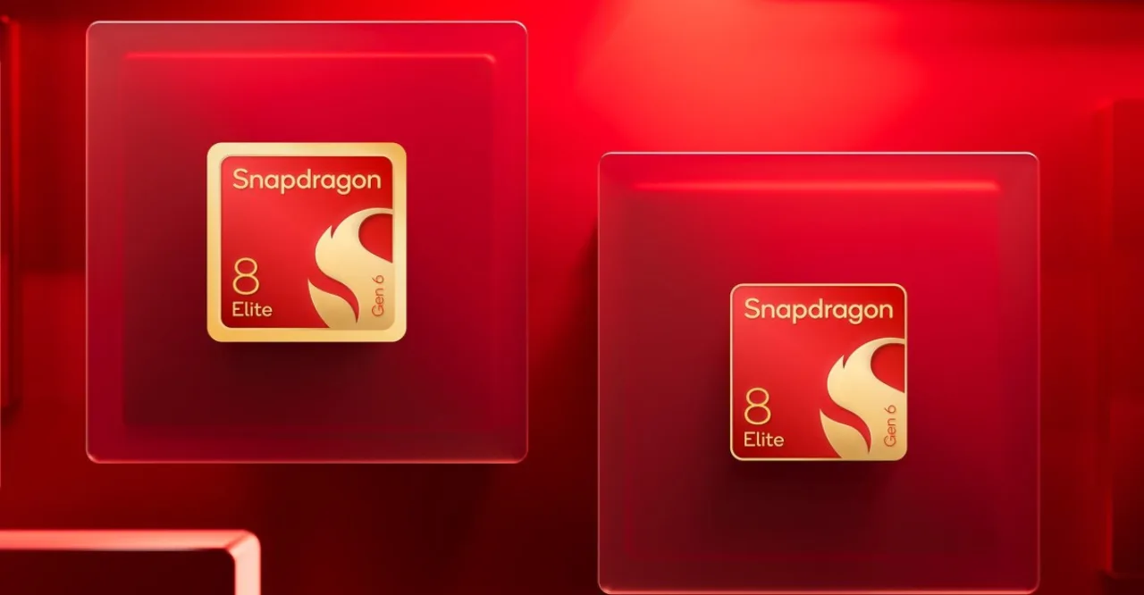 Logotipo da Qualcomm ao lado dos chips Snapdragon 8 Elite Gen 6 e 8 Elite Extreme Gen 6 sobre fundo escuro