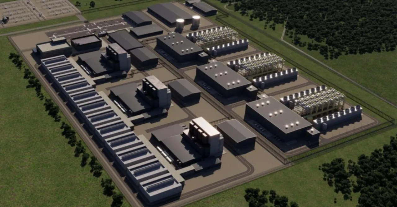 Logotipo da Amazon ao lado de uma usina nuclear com torres de resfriamento e o contorno do estado de Indiana