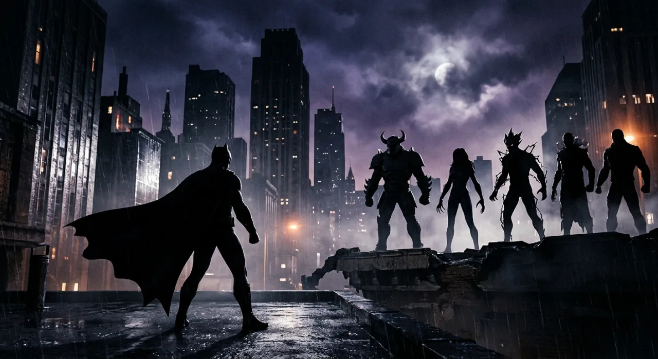 Batman e os vilões Catwoman, Red Hood, Poison Ivy e Mr. Freeze em pose sombria sobre o skyline de Gotham