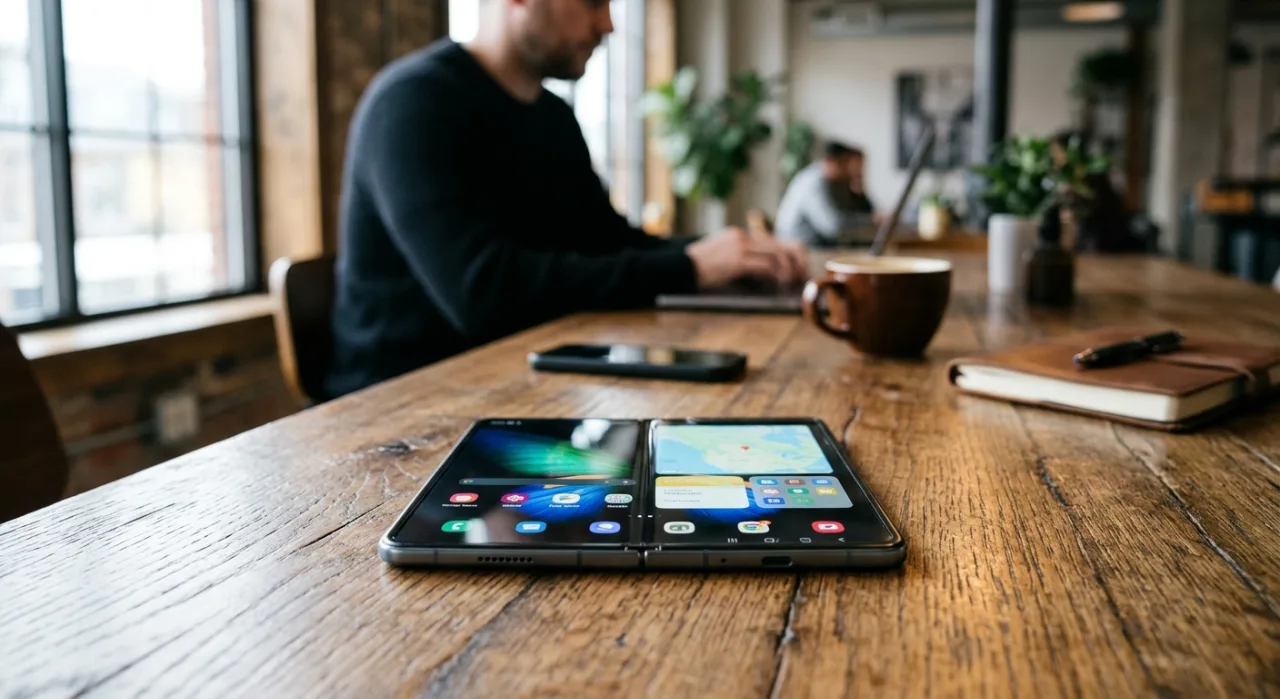 iPhone Duo aberto revela duas telas flexíveis lado a lado, com o logotipo da Apple iluminado na moldura