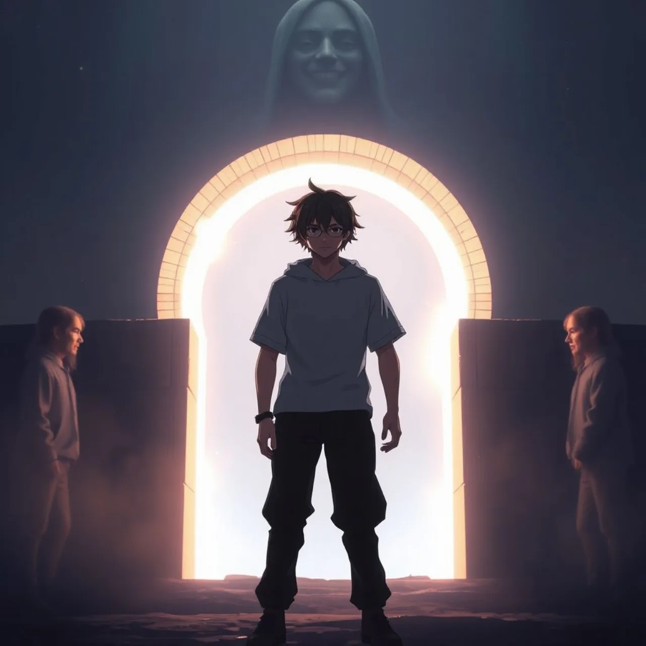 Rudeus em pose heroica ao lado de um relógio brilhante, com o logo de Mushoku Tensei ao fundo