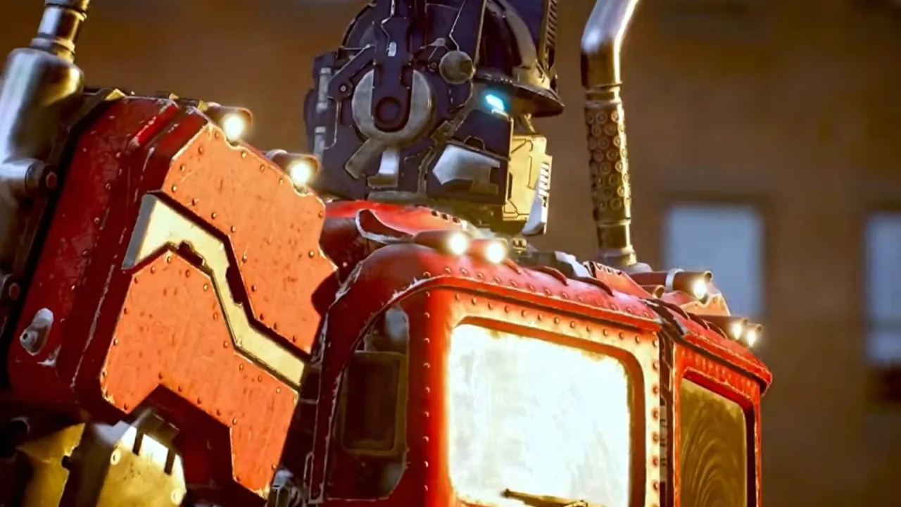 Optimus Prime e Megatron lutam juntos contra a Legião, com explosões ao fundo e o logo de Transformers: Reactivate