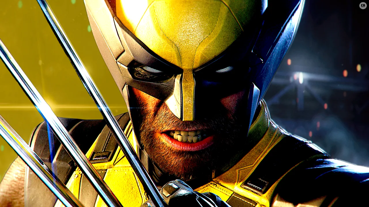 Wolverine em traje amarelo, empunhando garras, ao lado de um PS5 e controlador DualSense, com o logo do jogo ao fundo