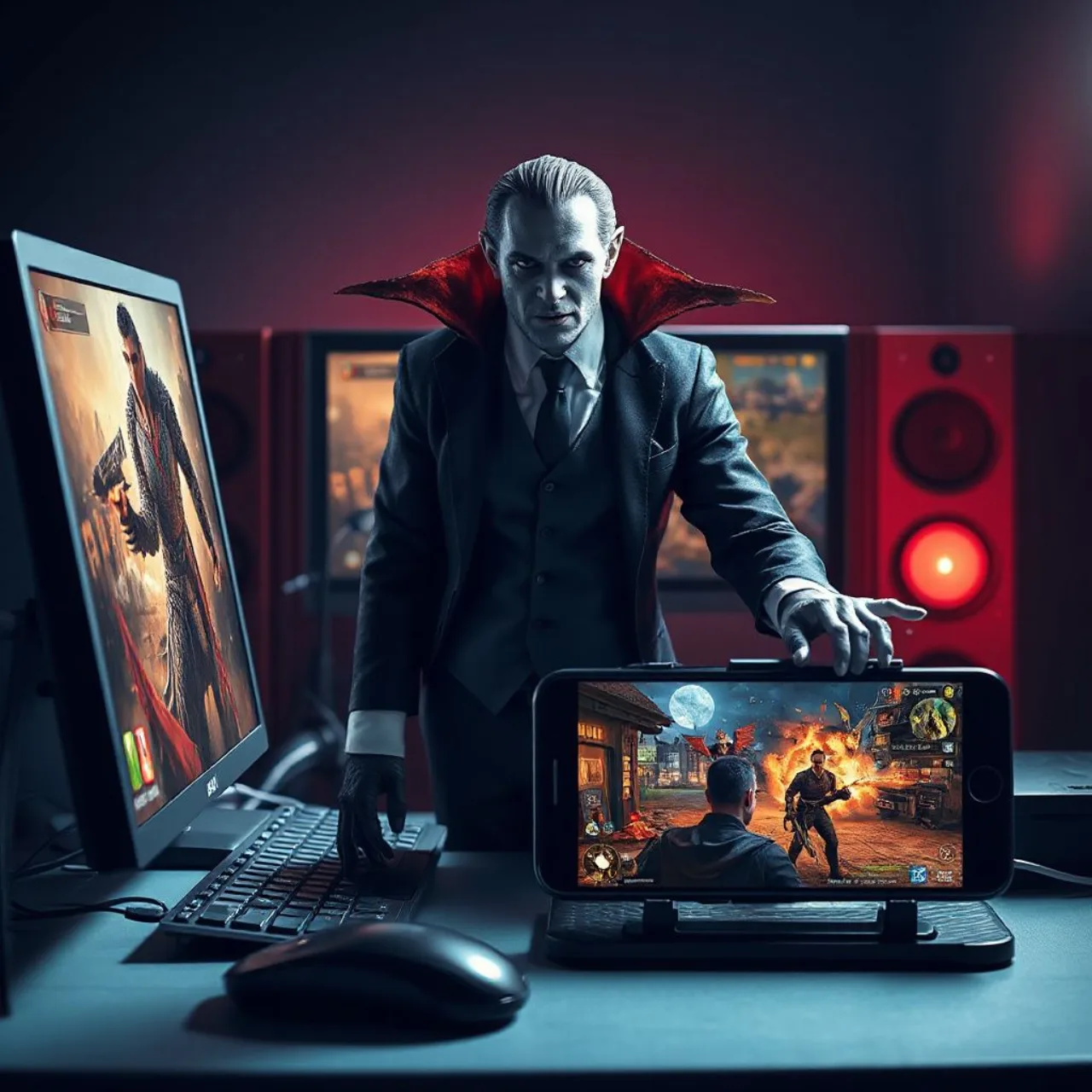 Logotipo de Vampir com personagens góticos e ícones de PC e celular conectados por setas de cross-play