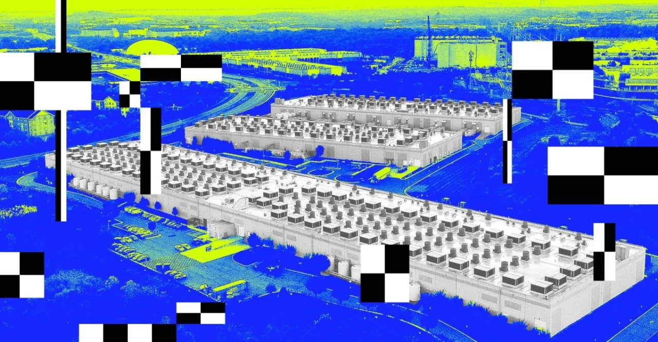 Gavin Newsom ao lado de um data center com painéis solares, enquanto gráficos de consumo de energia são exibidos
