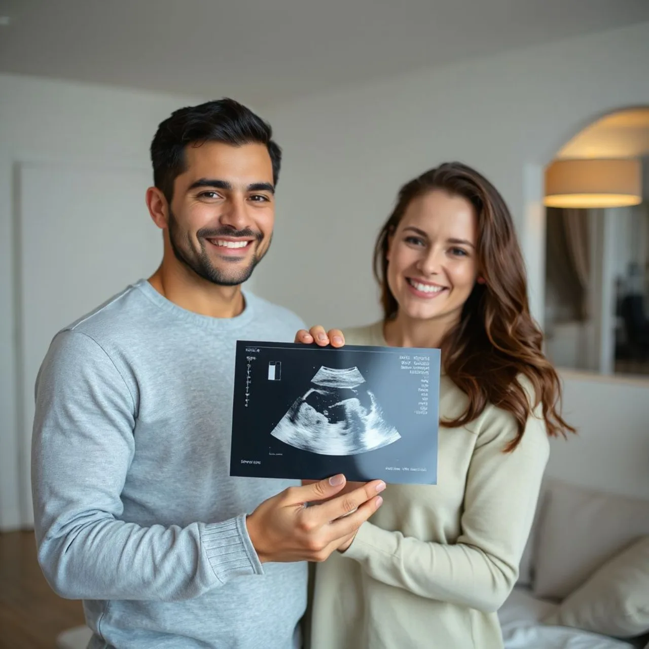 Lee Wan abraça Lee Bo Mi, que acaricia a barriga, enquanto seguram um cartaz com a palavra “Lucky”