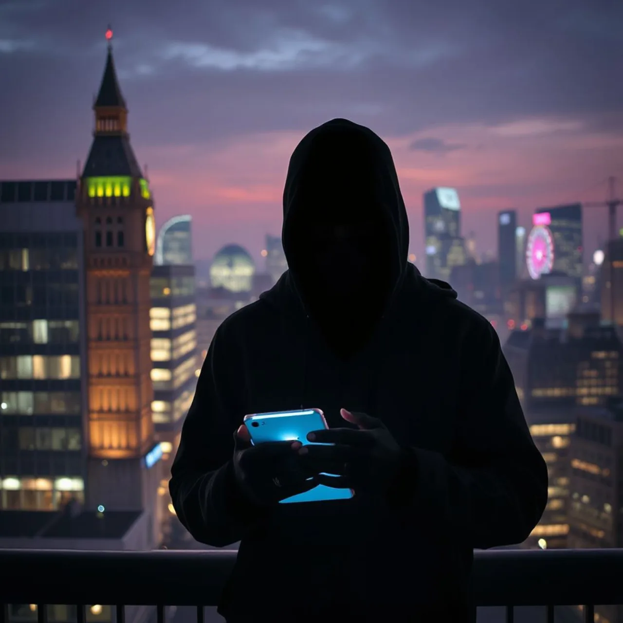 Logo de Watch Dogs: Legion ao lado da silhueta da Tower Bridge iluminada e um hacker mascarado segurando um drone