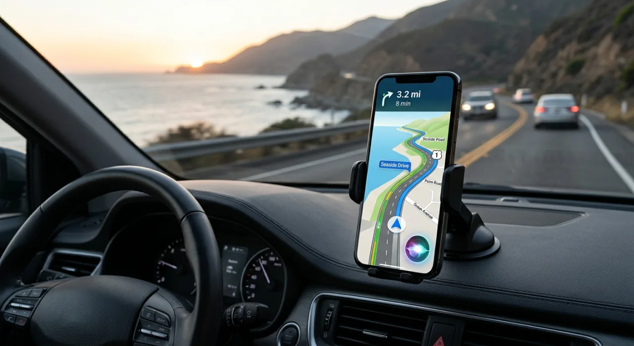 Tela do Apple CarPlay exibindo o ícone do Google Gemini ao lado dos controles de navegação no painel de um carro