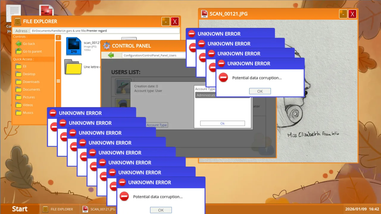 Tela do Windows XP transformada em labirinto colorido com o logo de MyDear.exe e ícones de puzzles ao fundo