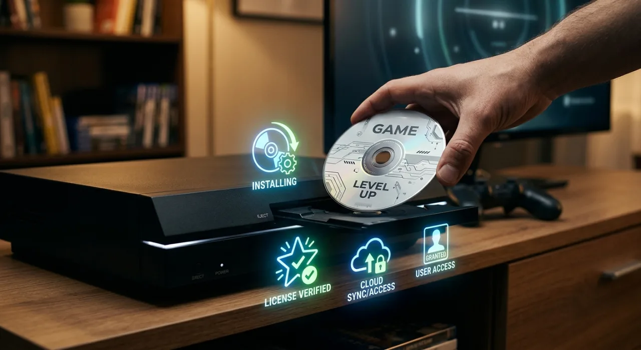 Console Xbox ao lado de um disco com ícone digital e o logo da Microsoft, sugerindo a conversão para licença online
