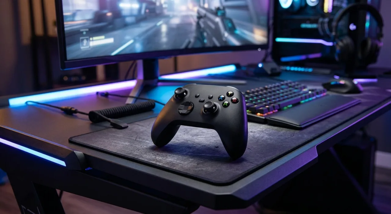 Controle 8BitDo Ultimate 3E preto com detalhes em azul, ao lado do logotipo da Xbox