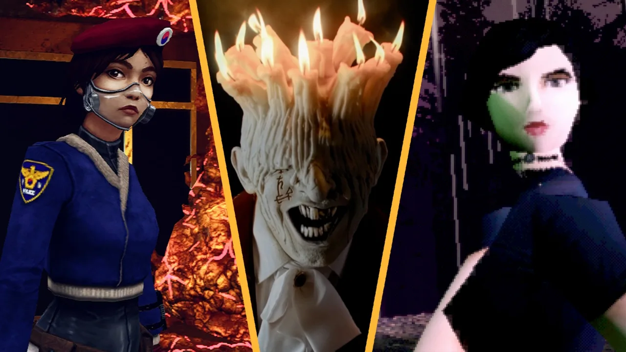 Montagem sombria com capas de sete jogos de horror 2026, destacando títulos como Tenebris Somnia em fundo de mansão assombrada