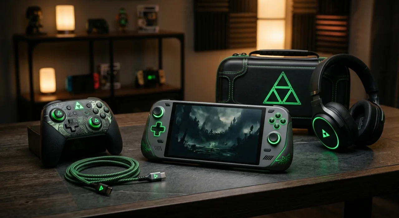 Controle Hori temático de Zelda com Triforce, sobre um Switch 2 ao lado da capa de Ocarina of Time