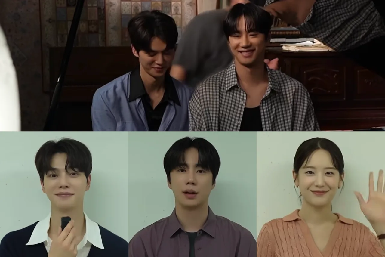 Song Kang, Lee Jun Young e Jang Gyuri posam juntos em um set iluminado, ao fundo o letreiro de Four Hands Two Sonatas
