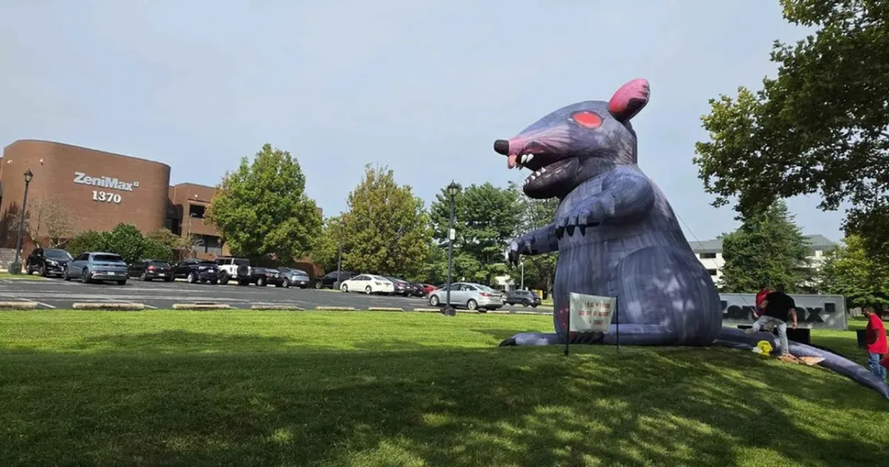 Imagem ilustrativa: Xbox CEO Asha Sharma visita Bethesda HQ: protestos com rat inflável e bandeiras vermelhas