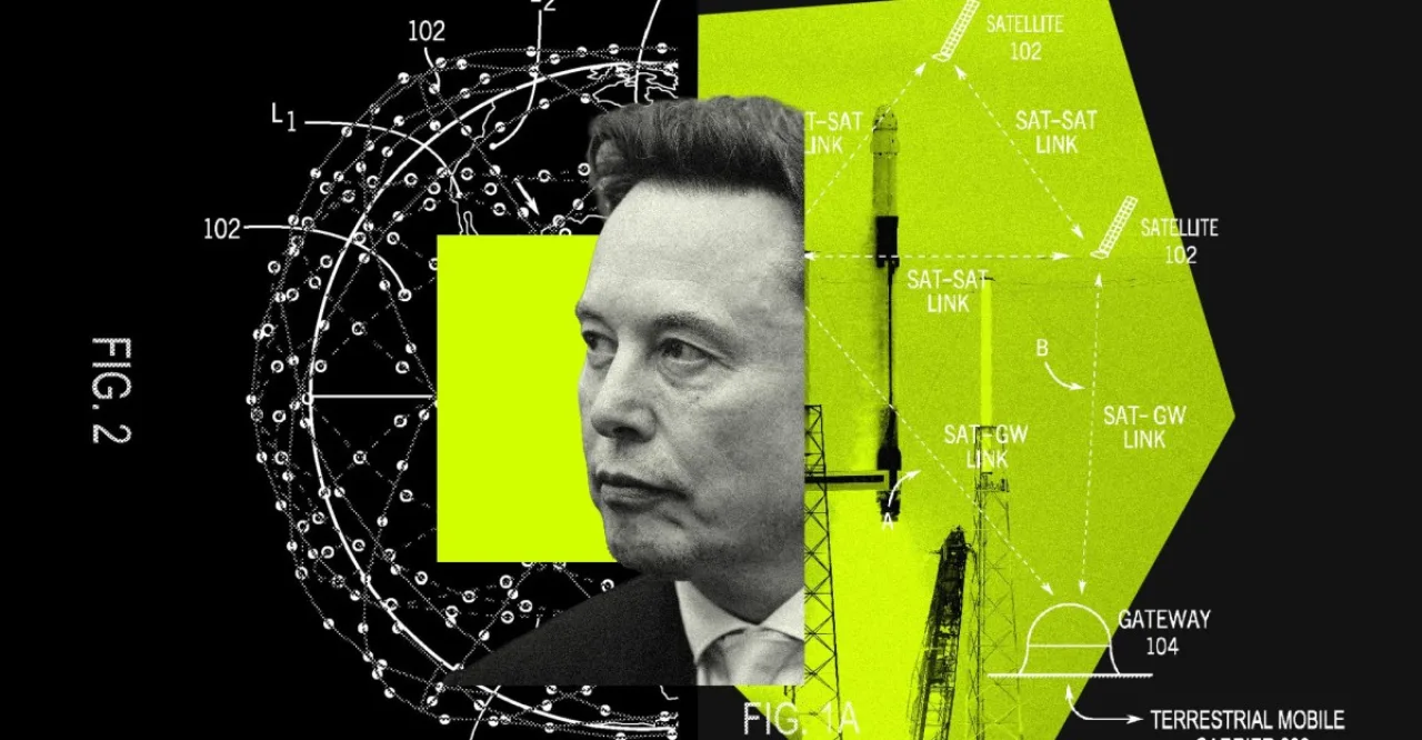Elon Musk ao lado de um satélite Starlink e um smartphone exibindo o logo da SpaceX, simbolizando a nova operadora móvel